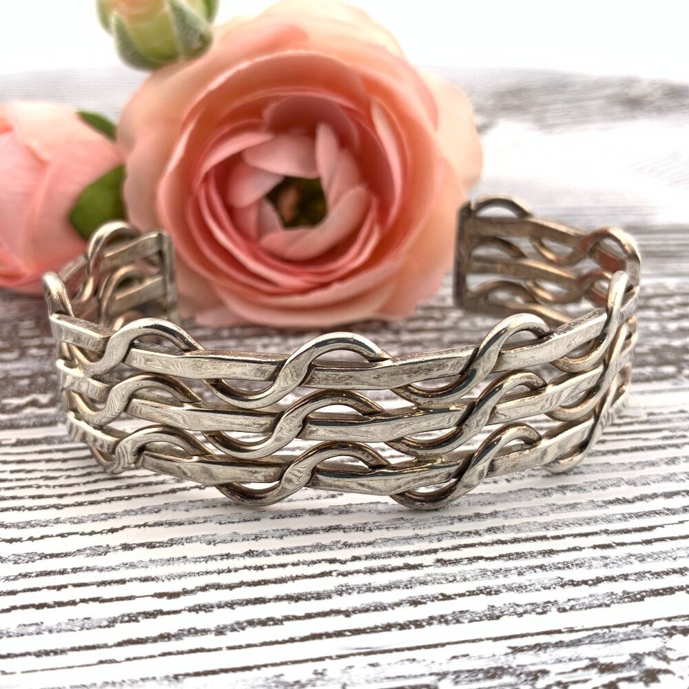 Basket Weave Vintage Mexico Woven Sterling Silver Bold Cuff Bracelet 925
